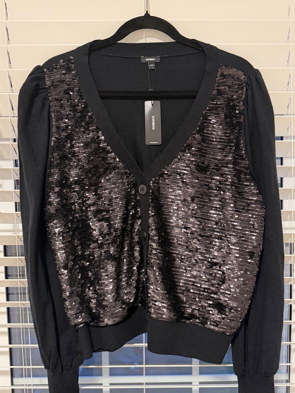 Express Women's Sequin Long Sleeve Button Front Cardigan Sweater Top XL black